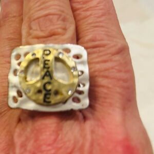 Gold and White Peace Sign Ring